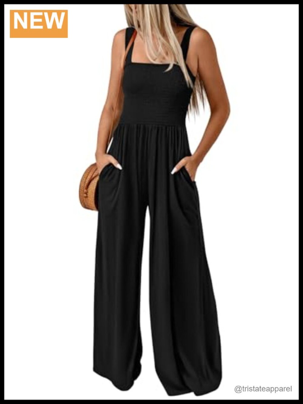 Sleeveless Smocked Wide Leg Jumpsuit Square Neck Pockets
